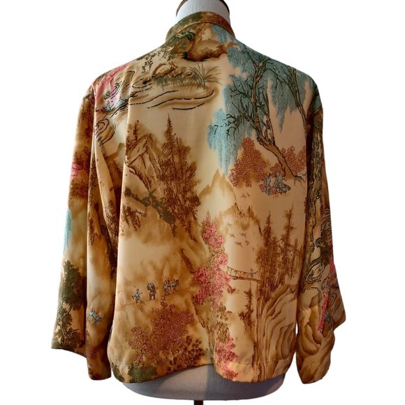 Natori Womens Tan Asian Printed Mandarin Collar Kimono Sleeves Boxy Short Top M - Picture 3 of 12